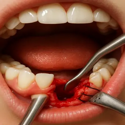 نمای جراحی لثه و خارج‌سازی دندان عفونی با ابزار دندانپزشکی