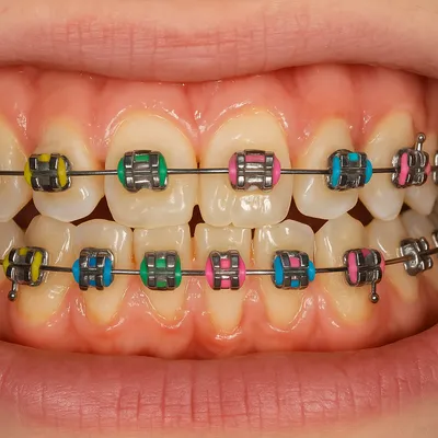 براکتهای رنگی روی دندان نامرتب با کش ارتودنسی جذاب