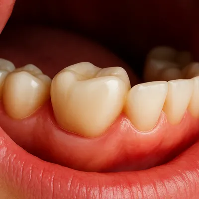 نمای نزدیک از روکش دندانی در دهان با ظاهر طبیعی