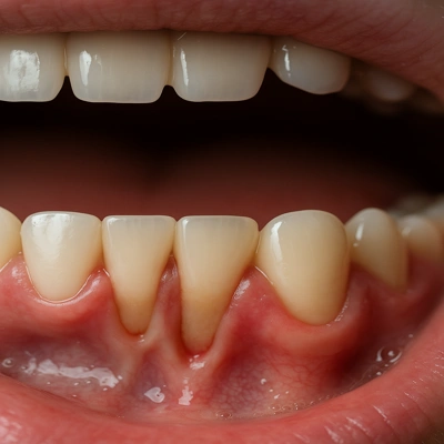 تحلیل لثه در ناحیه دندانهای جلو و نمای ریشه نمایان