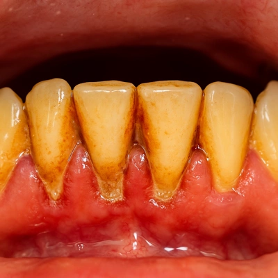 نمای نزدیک از دندانهای جرمگرفته و التهاب لثه