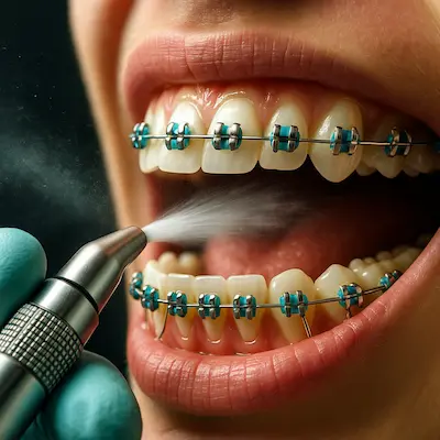 نوک ایرفلو در حال پاک کردن پلاک از فضای اطراف براکت ارتودنسی