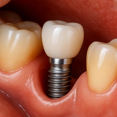 روکش سرامیکی روی پایه ایمپلنت در دهان واقعی بیمار