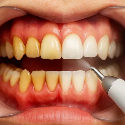 قبل و بعد از جرم‌گیری با ایرفلو و حذف جرم دندان