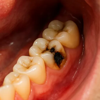 پوسیدگی شدید دندان عقل انتهایی فک با التهاب لثه و خطر عفونت