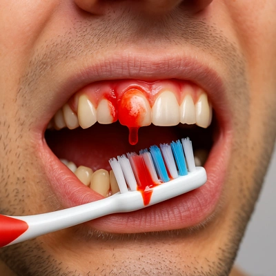 تصویر واقعی التهاب و تورم لثه با خونریزی دهان هنگام مسواک