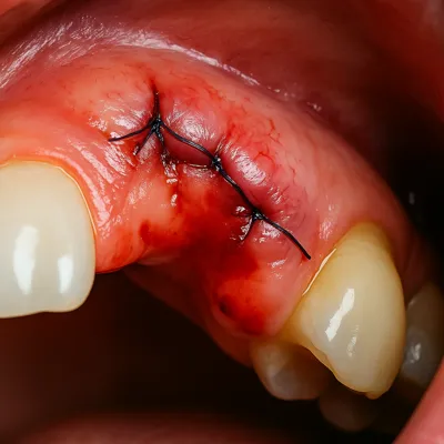 بخیه تازه روی لثه ملتهب با خونابه و تورم بعد از جراحی دهان