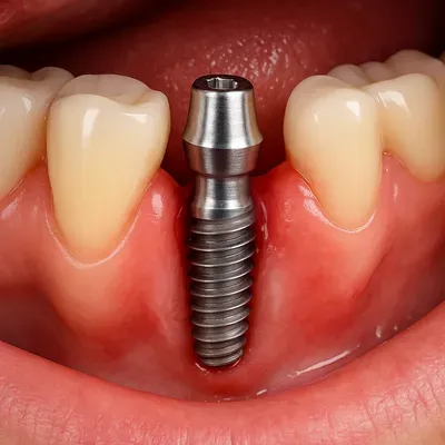 نمای نزدیک از پیچ فلزی داخل بافت لثه