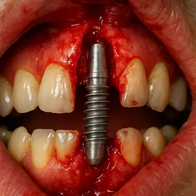 جراحی دندان با پیچ تیتانیومی و لثه خونآلود واقعی