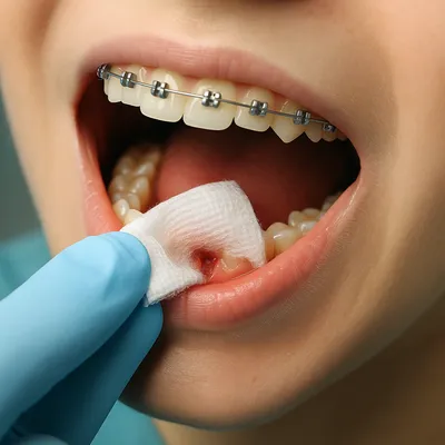 مراقبت ارتودنسی پس از درمان دندانی با گاز استریل و لثه سالم