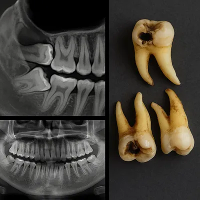 عکس رادیوگرافی فک همراه با دندان‌های انتهایی پوسیده و ریشه‌های غیرطبیعی