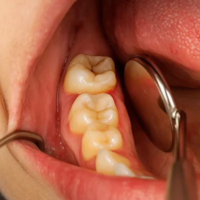 کلوزآپ واقعی لثه و ریشه دندان با التهاب و بخیه