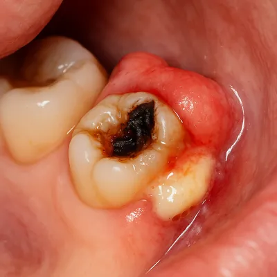 نمای واقعی قبل و بعد کشیدن دندان عقل پوسیده با حفره خونی و التهاب لثه