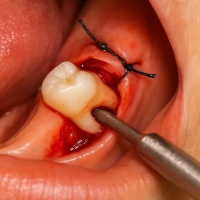 نمای واقعی از جراحی داخل دهان با بخیه لثه و خارج کردن دندان نهفته