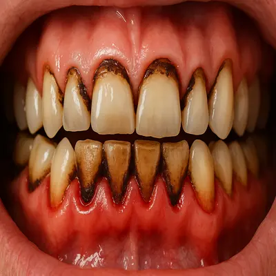 عکس تحلیل شدید لثه و بیرونزدگی ریشه دندان قبل از درمان