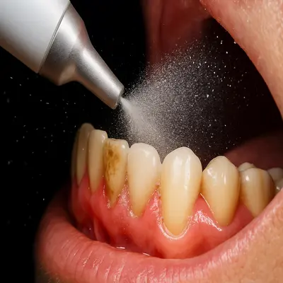 تمیز کردن جرم سنگین لبه لثه با ایرفلو دندانپزشکی