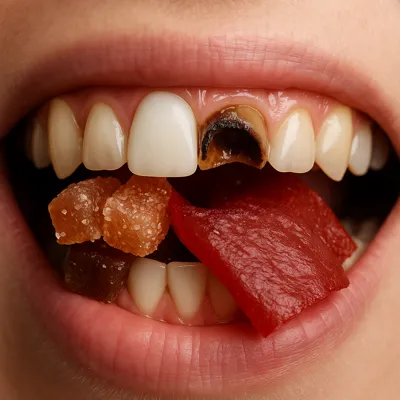 پوسیدگی شدید دندان جلو زیر روکش هنگام خوردن قند و لواشک