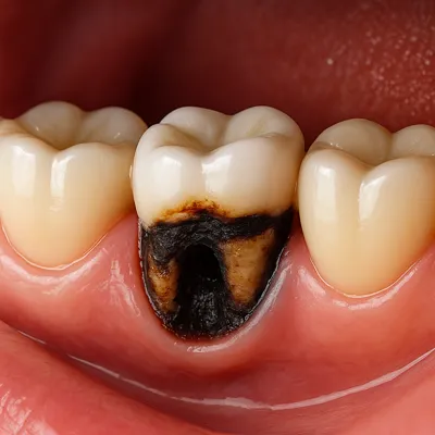 پوسیدگی عمیق زیر روکش دندان عقب و سیاهی ریشه