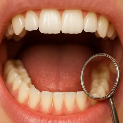 نمای واقعی داخل دهان در حین معاینه دندان با آینه دندانپزشکی، دندانها و لثه سالم