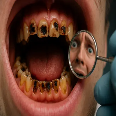 نمای نزدیک از پوسیدگی شدید دندان و ترس بیمار در حین معاینه دندانپزشکی