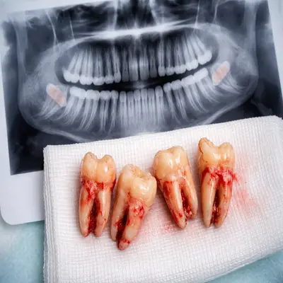 دندانهای عقل خارجشده با ریشه کامل کنار تصویر رادیوگرافی OPG