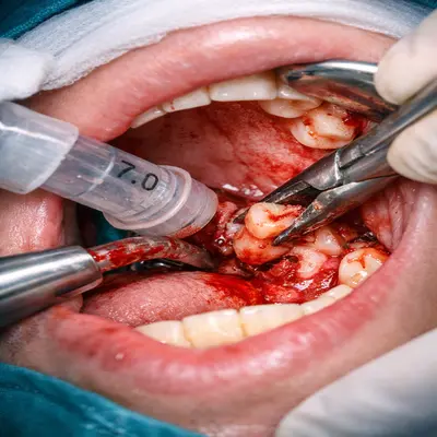 جراحی دندان عقل نهفته در بیهوشی کامل با ابزار جراحی و کنترل خونریزی