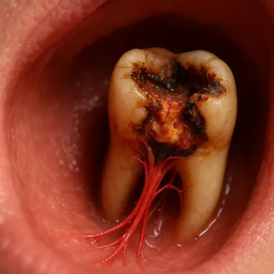 نمای نزدیک از پوسیدگی شدید دندان و ریشههای عصبی ملتهب در دهان انسان