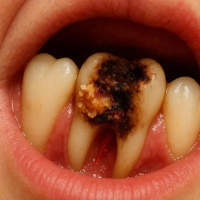 پوسیدگی دندان همراه با گیر کردن خوراکی شیرین بین شیار دندان و التهاب لثه